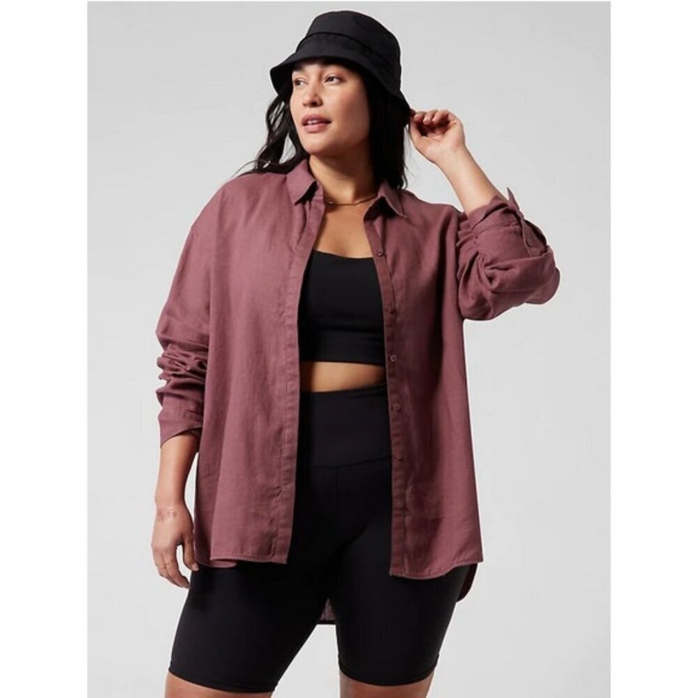 Athleta Women's Playa Linen Shirt Tawny Rose Pink Size 4 Button Front Relaxed